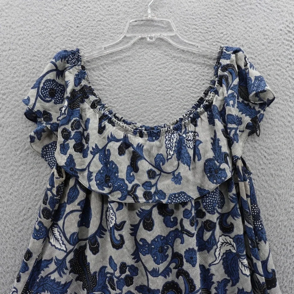 Michael Kors Blouse Size 2X Blue Floral Womens Ruffle‎ Off Shoulder Peasant Top